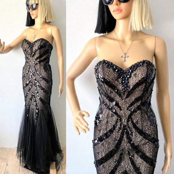 Black Beaded Evening Gown | Sexy Prom Dress | Cinderella Divine Dress | Size S - Picture 1 of 10